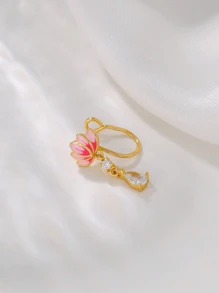 1 pezzo Orecchini a molletta in stile cinese in rame con zirconia a forma di goccia d'acqua a loto, design molletta-on, adatti per uso quotidiano da donna