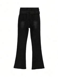 Celana Jeans Denim Wanita dengan Hiasan Lubang Kancing dan Gesper, Model Kaki Melebar, Gaya Kasual & Serbaguna, Cocok untuk Musim Semi dan Gugur. - Hitam - View 6
