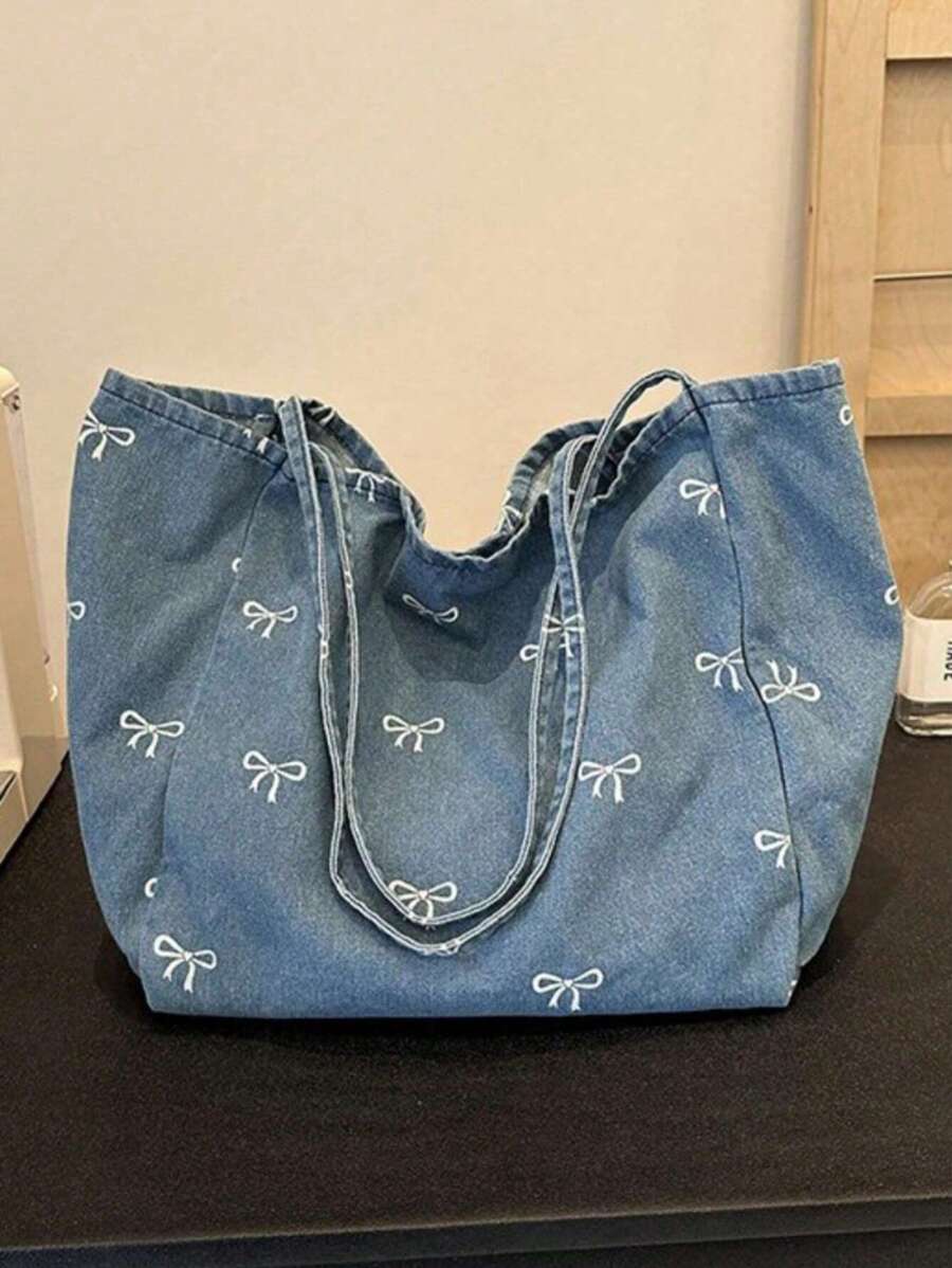 New Korean Casual Fashion Versatile Blue Highly Attractive Bow Washed Canvas Tote Bag For Commuting, Travel, Shopping, Student Back To School, Large Capacity Sweet Lady Handbag, Artistic Style School Bag & Book Bag For Women Or Students, Perfect For Books, Shopping, Back To School And More, Fashionable Bow Purse For Women