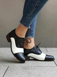 Women's Flat Oxford Shoes, New Collegiate Style Small Leather Shoes, Lace-Up Contrast Color Brogues