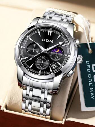 DOM 1pc Men's Classic Multifunction Moonphase Display Luminous Steel Band Quartz Waterproof Casual Calendar Wristwatch