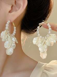 1 par de pendientes elegantes vintage con metal, perla, concha acrílica y borlas, pendientes personalizados elegantes para mujeres, regalo para boda, fiesta, cumpleaños, aniversario