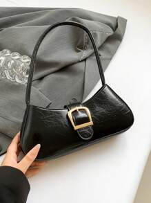 优雅新月形腋下单肩包，女士时尚休闲纯色腋下包 - 黑色 - 查看 1