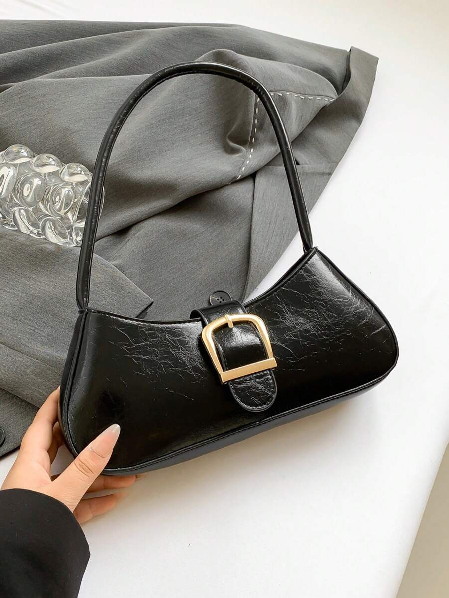 优雅新月形腋下单肩包，女士时尚休闲纯色腋下包 - 黑色 - 查看 1