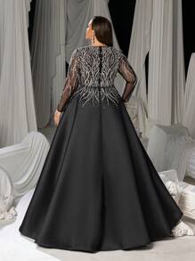 Faeriesty Plus Size V-Neck Long Sleeve Beaded A-Line Evening Gown | Formal Dress With Intricate Embellishments (Gala, Wedding Guest, Prom, Evening Party, Black Tie) - 黑色 - 查看 2