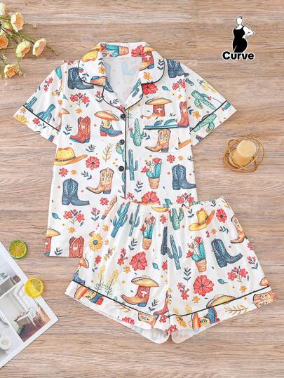 2 件大码女士睡衣套装，带领和纽扣的短袖衬衫和松紧腰宽松短裤，适合超重女士、节日派对睡衣、舒适休闲家居服