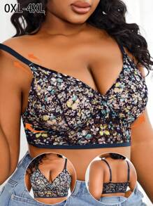 Lencería sujetador con encaje y estampado floral, cómodo y sin aros, para mujer talla grande