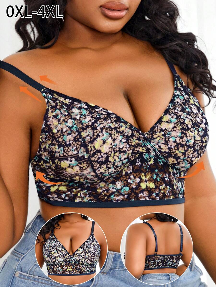 Lencería sujetador con encaje y estampado floral, cómodo y sin aros, para mujer talla grande