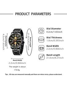 DOM 1 件男式黑色不锈钢多功能计时码表带日历，防水，时尚运动风格 - 黑色 - 查看 9