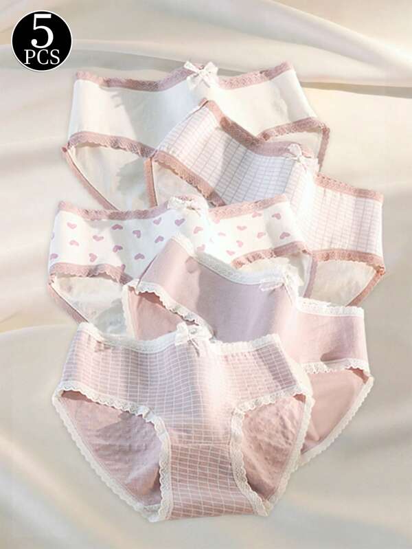 5pcs Girls Panties With Bow, Striped & Cartoon Printed Lace Trim Contrast Color Trim Briefs