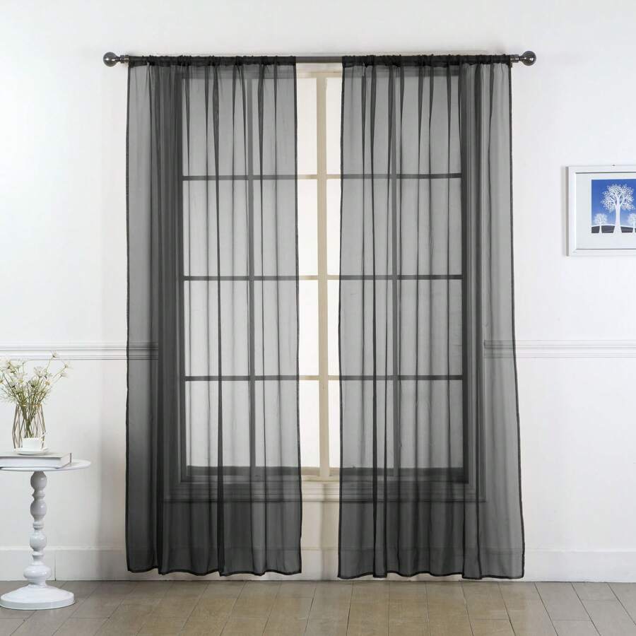 Set Of Two (2) Sheer Window Curtains Panels With Rod Pocket Drape Set Multiple Lengths (63", 84", 95", 108", 120" L) Solid Colors - Black - View 1