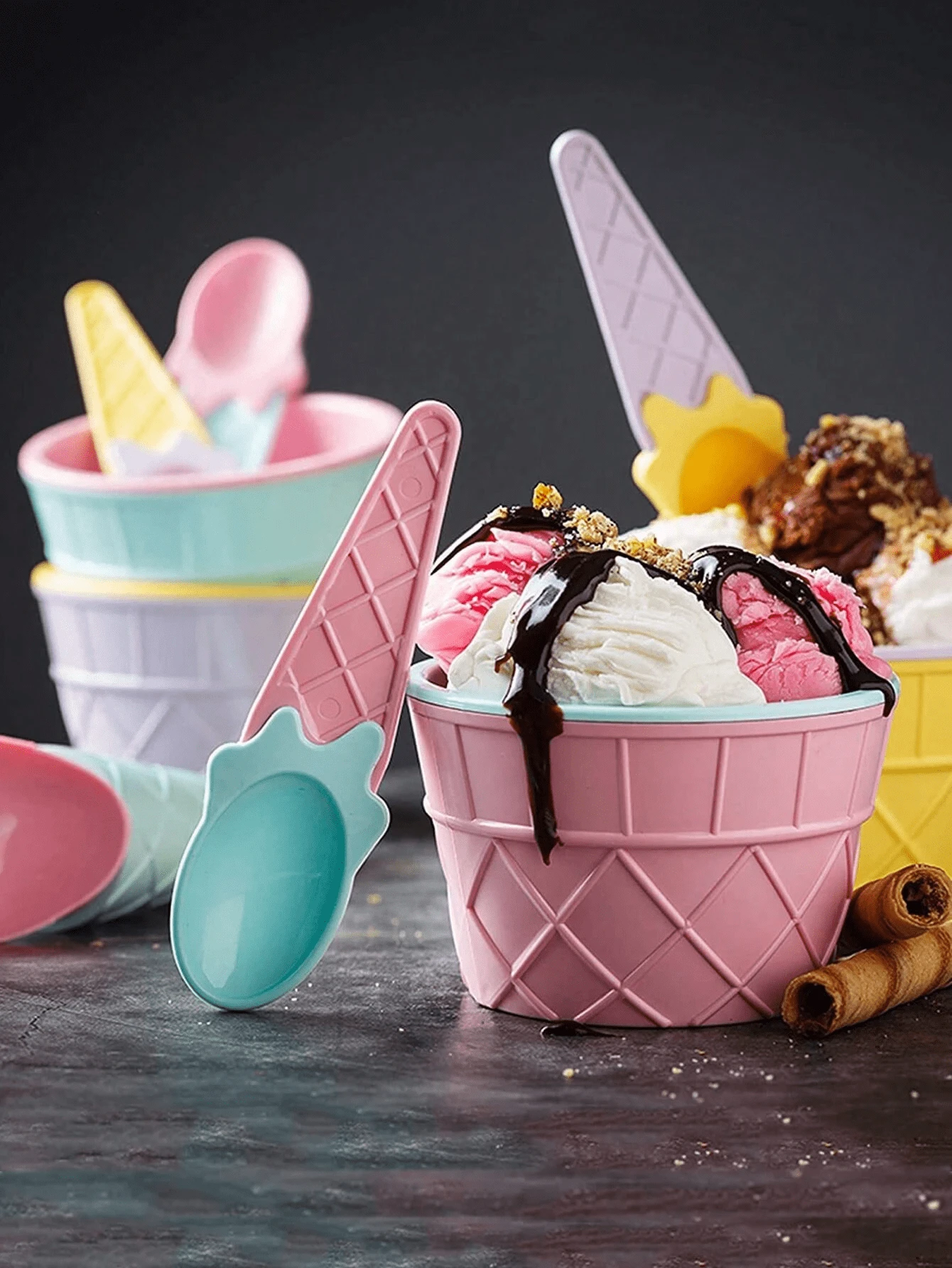 1/2/4set Ice Cream Bowl And Spoon Set, Reusable Ice Cream Cup, Random Set Of Ice Cream Birthday Party Decoration - Random Color - View 1