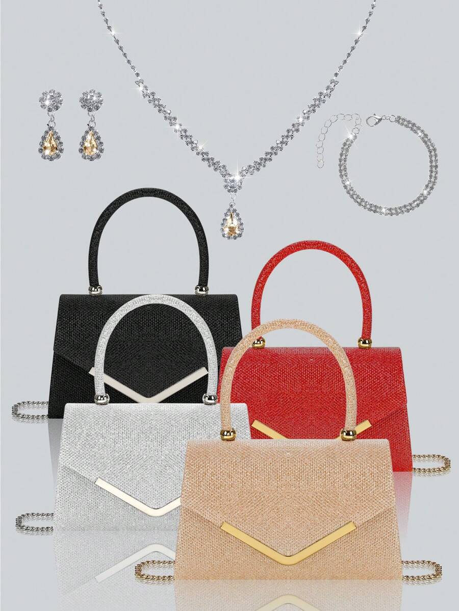 轻巧、商务、休闲时尚女士翻盖晚宴包，配有闪亮的奢华水钻吊坠项链、手链、耳环四件套，华丽精致的派对手提包，是派对女孩、新娘、大学生的完美钱包，配有可拆卸金属链的单肩斜挎包，非常适合舞会、宴会、派对、婚礼、节日派对