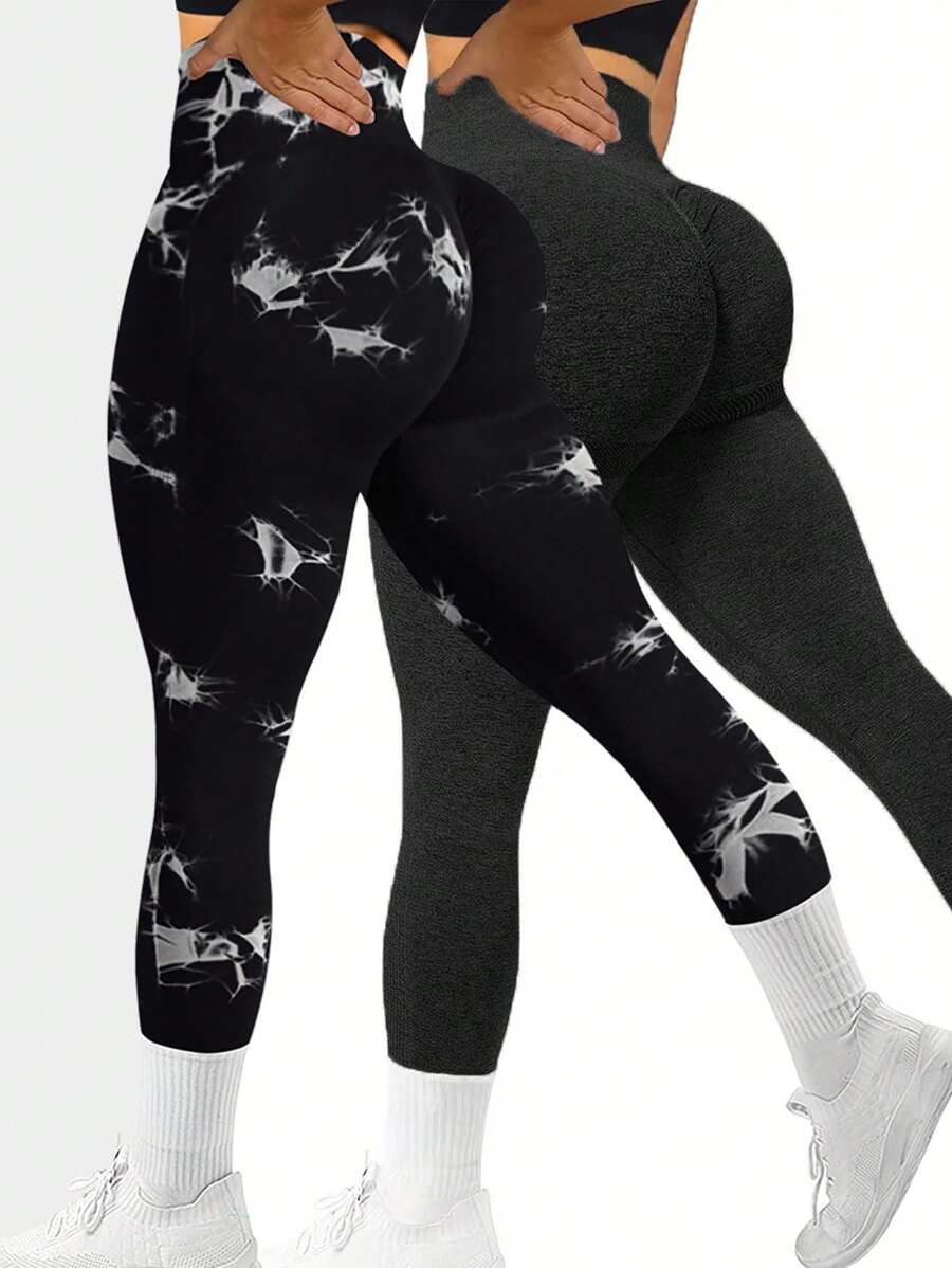 2 件女式无缝高腰高弹力瑜伽裤，吸湿排汗运动紧身裤