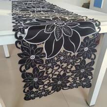 1pc Rectangular Spring Element Table Runner, Placemat - Suitable For Restaurants, Coffee Tables, Cabinets, Holiday Parties And Gatherings Decoration - Black - View 1