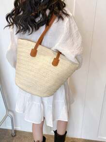 1 件大容量草编手提包，女士编织包，适合春季户外旅行，夏季时尚百搭单肩包，沙滩度假包，条纹编织手提包 - 米色 - 查看 2