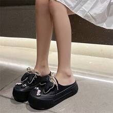 女士时尚平头拖鞋、户外沙滩凉鞋、室内休闲一脚蹬平底拖鞋 - 黑色 - 查看 3