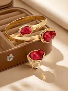 2 件套波西米亚风格红色不对称人造珍珠可调节戒指和手镯，优雅的女士节日派对配饰