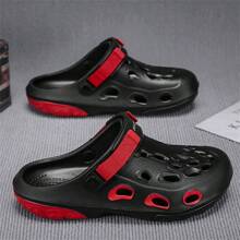 Men's Breathable Hollow-Out Sandals, Black Solid Color, Thick Sole, Slip-Resistant Soft Bottom, Outdoor Beach Slippers, Elevator Shoes - Black - View 1