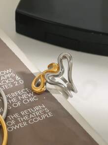 极简主义不锈钢线环双色不对称爱心戒指镂空女士可叠戴戒指派对礼物，女士日常派对配饰，时尚珠宝，最佳朋友礼物 - 金色 - 查看 2