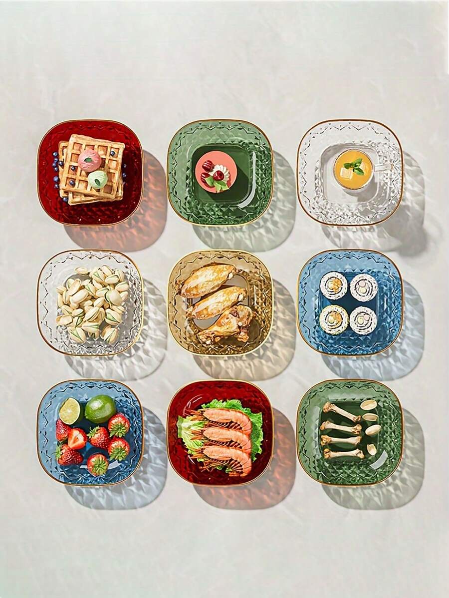 5 Pieces Gold Square Snack Serving Trays Set, Plastic Plates For Appetizers, Desserts, Fruits, Kitchen Accessories, Tableware Essentials - Perfect For Home And Restaurant