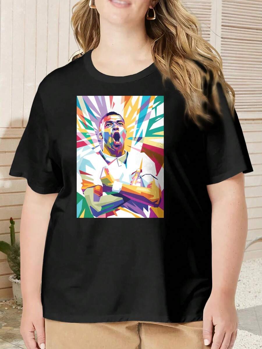 Kylian Mbappé Portrait Illustration Oversize Women T-Shirt France Soccer Big Sizes For Women - Black - View 1