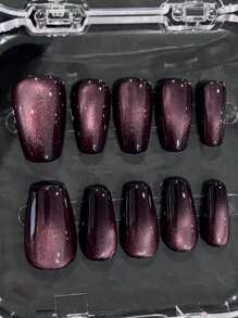 10pcs Purple Holographic Cat Eye False Nails, High-End & Versatile, Natural Looking, Handmade & Reusable Nail Tips
