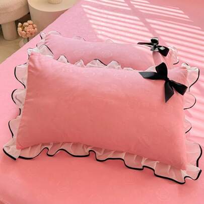 2pcs Bowknot Lace Ruffle Trim Pillowcase (Pillow Insert Not Included) - Skin-Friendly Bedding
