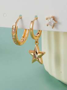 3 件套简约月亮星和心形环状耳环设计，优雅夹式耳环，配合成锆石、铜耳针，适合女性日常和派对佩戴，适合所有季节的百搭珠宝 - 3件套耳環 - 查看 11