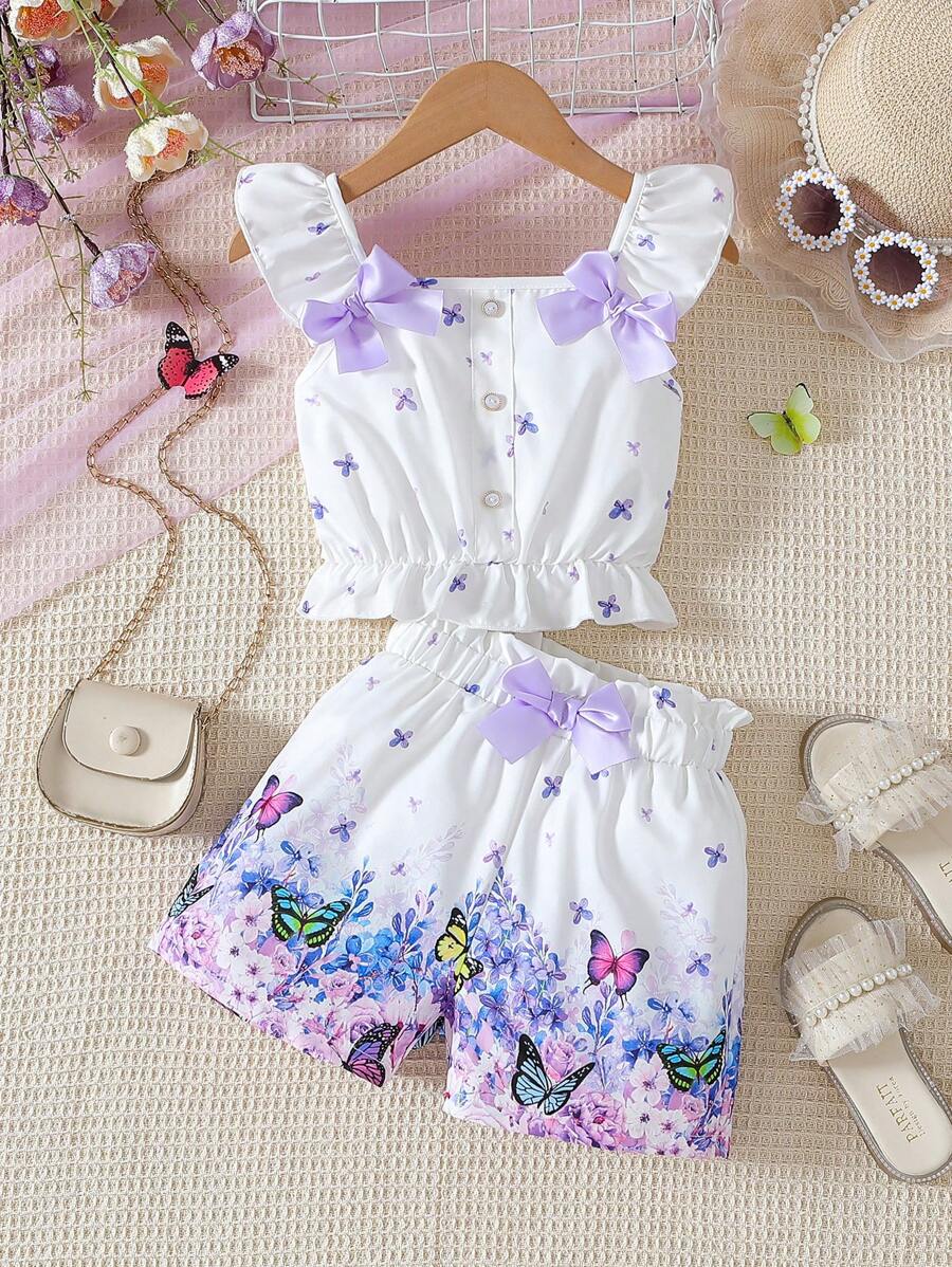 Young Girl Two Pieces Suspender Shorts Bow Purple Flower Print Fresh Suit - Purple - View 1