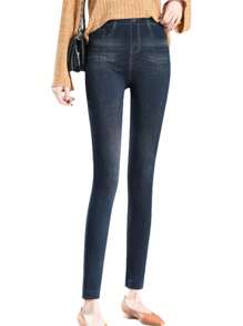 Leggings casuais de efeito Denim para mulheres na primavera/outono, cintura alta elástica, ajuste slim, com bolsos falsos, confortável e versátil para fitness, corrida, exterior, rua, agachamentos profundos, ioga - Azul