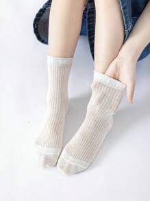 5 Pairs Boys Thin Mesh Vertical Stripe & Letter Pattern Crew Socks, Fresh Colors, Breathable, Lightweight, Elastic, Ankle Height, Suitable For Spring/Summer