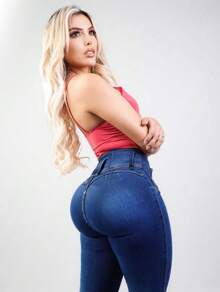 ZYANYA Jeans Corte Colombiano Mezclilla Gruesa Levanta Pompas Vaqueros ajustados, Levanta Glúteos Mezclilla Mujer Mezclilla Para Mujer - Azul - Ver 3