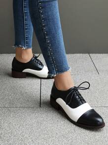 Women's Flat Oxford Shoes, New Collegiate Style Small Leather Shoes, Lace-Up Contrast Color Brogues