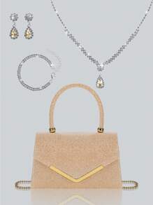 轻巧、商务、休闲时尚女士翻盖晚宴包，配有闪亮的奢华水钻吊坠项链、手链、耳环四件套，华丽精致的派对手提包，是派对女孩、新娘、大学生的完美钱包，配有可拆卸金属链的单肩斜挎包，非常适合舞会、宴会、派对、婚礼、节日派对 - 彩色 - 查看 15