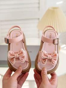 女童公主夏季凉鞋，儿童夏季沙滩鞋，露趾鞋，时尚蝴蝶结休闲平底凉鞋，粉色