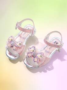 1 Pair Children Bow Rhinestone Decor Glittery High Heel Sandals - Pink - View 5