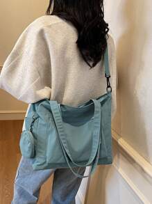 Bolso de tote de gran capacidad unisex con monedero 1 pieza, nuevo estilo coreano de estudiante de universidad y escuela secundaria, bolso casual, bolso bandolera, bolso de lona, bolso cruzado, bolso para mujer con bolsita, bolso escolar para compras, vacaciones, bolso de tote de moda con cremallera, bolso de tote escolar grande, con múltiples compartimentos, perfecto para la playa, la escuela, el trabajo y el uso diario