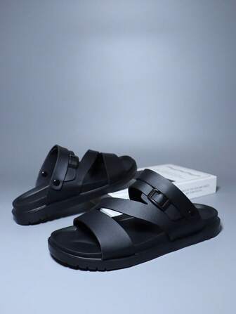 Sandales homme mode noires avec sangle en PU, Mules Eva confortable à double usage