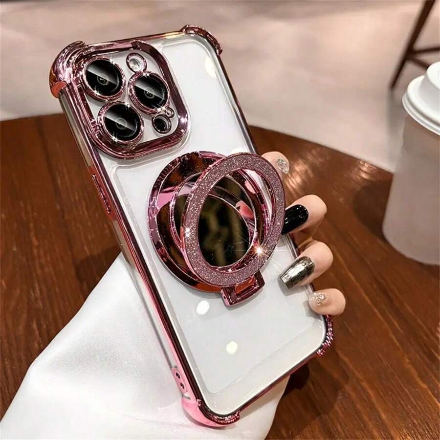 这款闪亮透明手机壳带有隐藏式支架和防震边角，兼容 16 Pro Max、P30、Nova 11、荣耀 Magic 7、红米 Note 14 Pro+ 5G、三星 Galaxy S25 Ultra、Infinix Smart 8/Infinix Hot 40i/ Spark 20/ Spark 20C/ Spark Go 2024 和 Moto G54。