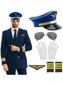 5pcs Pilot Costume Accessory Set Includes Pilot Cap, Epaulettes, Tie, Fashion Glasses And Badge, Aviator Uniform Costume Accessories For Role Play And Party Decoration - Multicolor - View 10