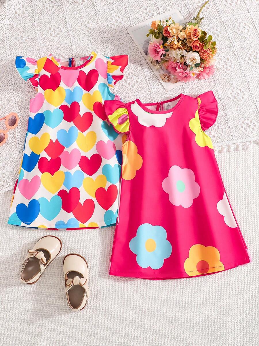 2 件套女孩休闲可爱日常夏季服装，圆领盖袖连衣裙，优雅女士时尚连衣裙，适合户外、度假、派对、春夏 - 彩色 - 查看 1