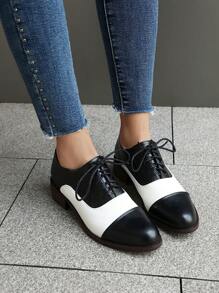 Women's Flat Oxford Shoes, New Collegiate Style Small Leather Shoes, Lace-Up Contrast Color Brogues