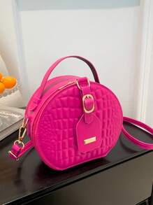 Women Mini Small Round Bag Crocodile Handbag Retro Crossbody Bag - Hot Pink - View 7