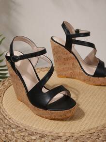 Sandalias de plataforma, chancletas de estilo hada versátiles, suela gruesa, sandalias de cuña, sandalias de plataforma para mujer, zapatos para mujer talla grande, cuñas de tacón grueso impermeables - Negro - Ver 5