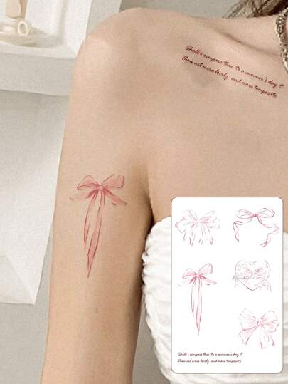 1 件，粉色蝴蝶结，临时纹身，防水防汗，持续 1-2 周，逼真的草本汁，不反光和抗摩擦，假男士和女士假纹身，手臂、胸部、腰部、背部、腹部、腿部、颈部、手指、耳朵，纹身贴纸，现代主义人体艺术