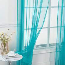 Set Of Two (2) Sheer Window Curtains Panels With Rod Pocket Drape Set Multiple Lengths (63", 84", 95", 108", 120" L) Solid Colors - Turquoise - View 3
