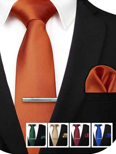 3pcs Set: Classic 3.15 Inch Solid Color Necktie, High-Quality Simple Luxury Microfiber Woven Tie, Pocket Square And Silver Tie Clip, Great Gift For Men On Birthday, Holiday, Suitable For Business, Casual, Wedding, Date, Banquet, Music Festival, Holiday Occasions