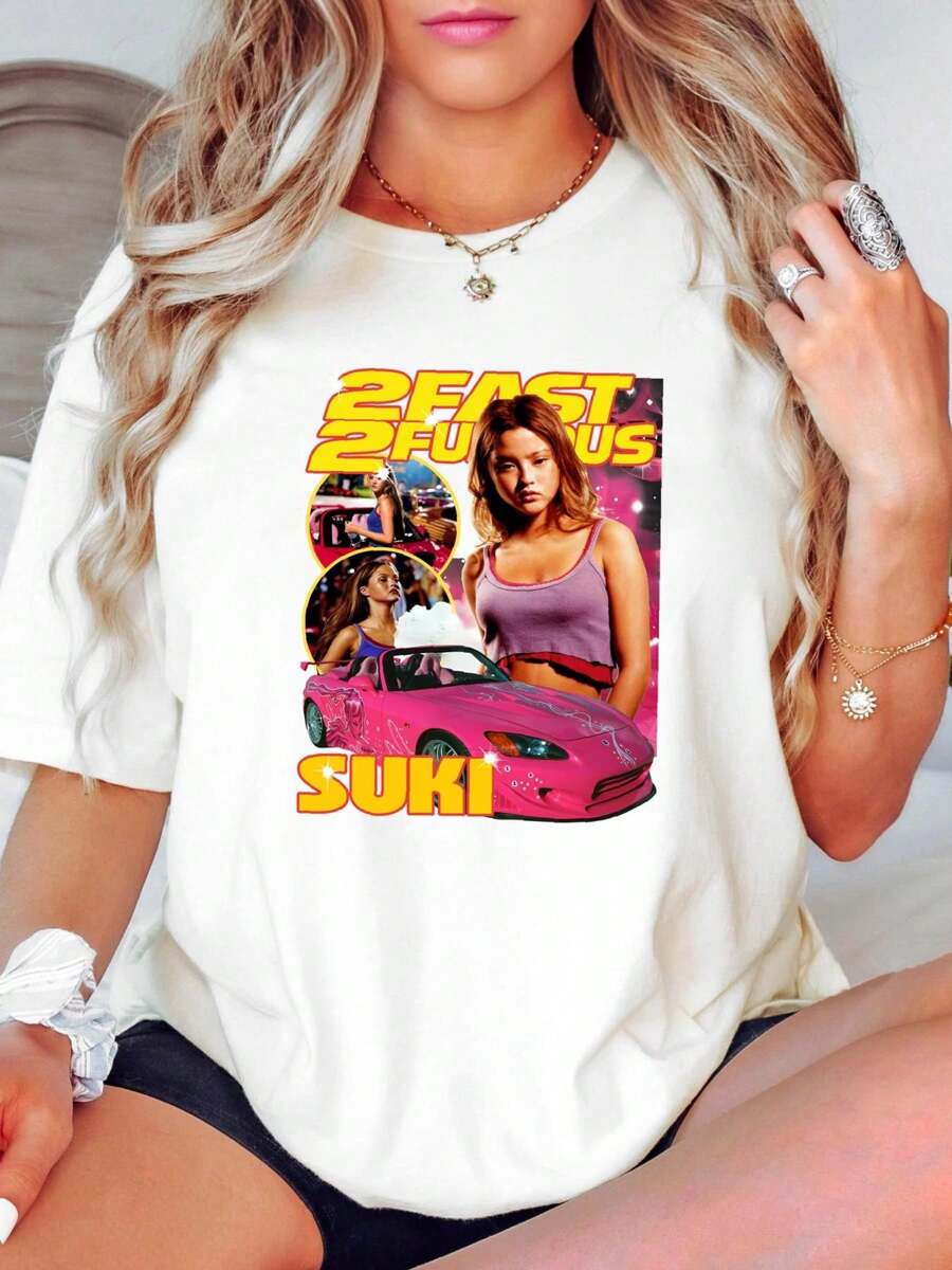 100% Cotton Suki 2 Fast 2 Furious Graphic Black Color Retro Shirt Unisex Men Women KTV6283 Homme Comfortable Versatile Soft Stretched Top For Everyday Wear Streetwear For Women Summer Casual Slightly Stylish Designer Clothes Breathable Print Round Neck Short Sleeve Graphic Fashion - 白色 - 查看 1