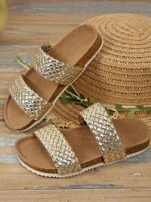 男女童户外厚底拖鞋夏季新款圆头面料编织设计时尚大方时尚儿童复合底拖鞋 - 金色 - 查看 3